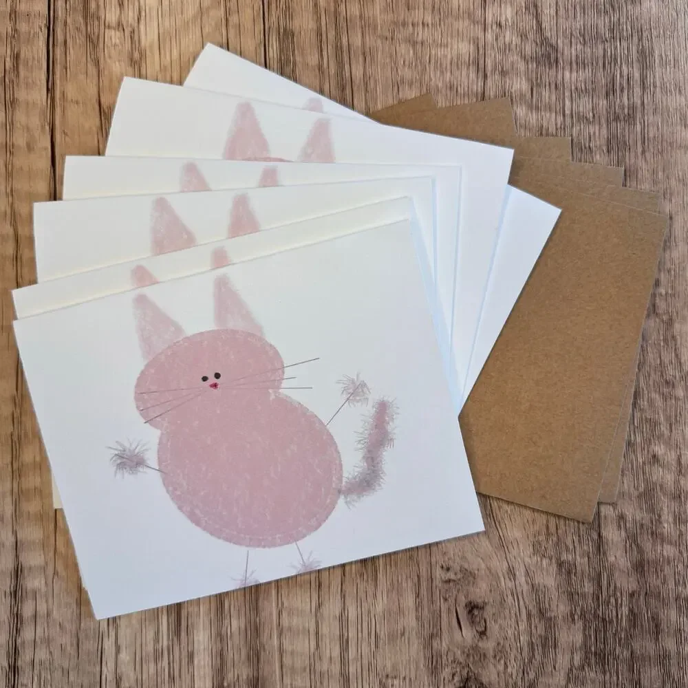 Greeting Cards Blank Notes Cat Lover Pink Kitty Cat 6 w/Envelopes Custom Art NEW